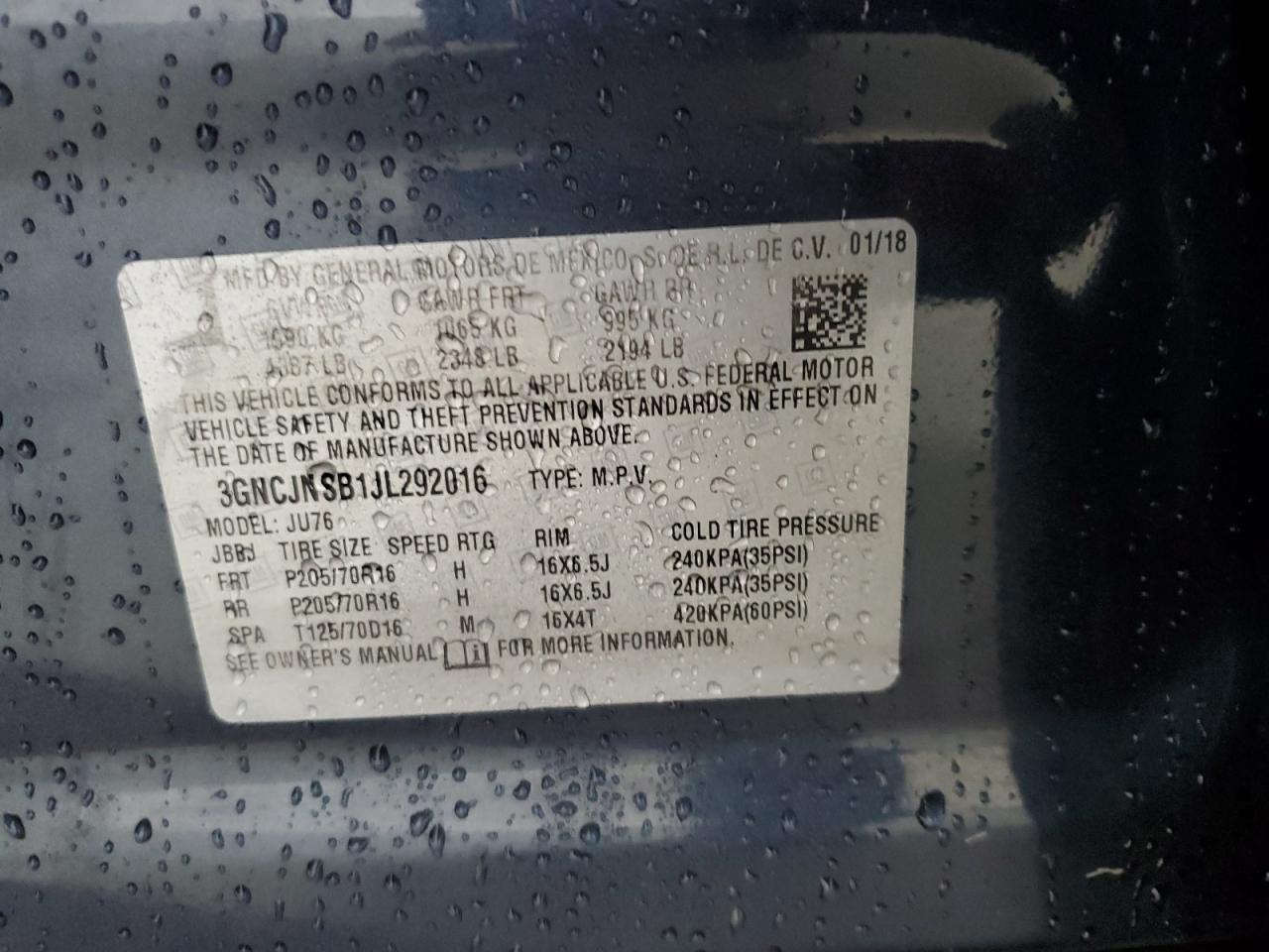 2018 Chevrolet Trax Ls VIN: 3GNCJNSB1JL292016 Lot: 85387175