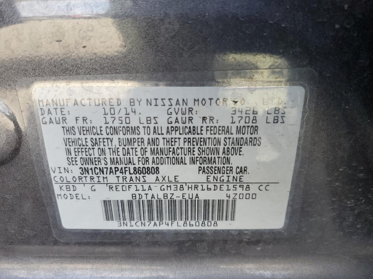 2015 Nissan Versa S VIN: 3N1CN7AP4FL860808 Lot: 82446665