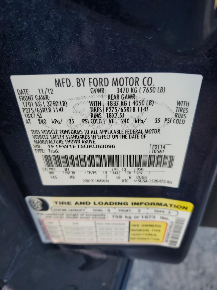 2013 Ford F150 Supercrew VIN: 1FTFW1ET5DKD63096 Lot: 86626245