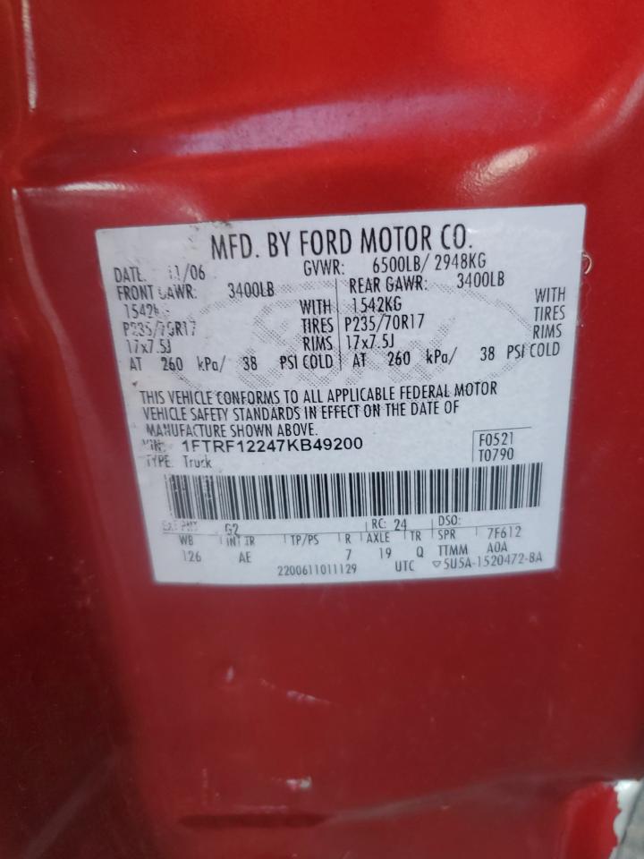 2007 Ford F150 VIN: 1FTRF12247KB49200 Lot: 85658155