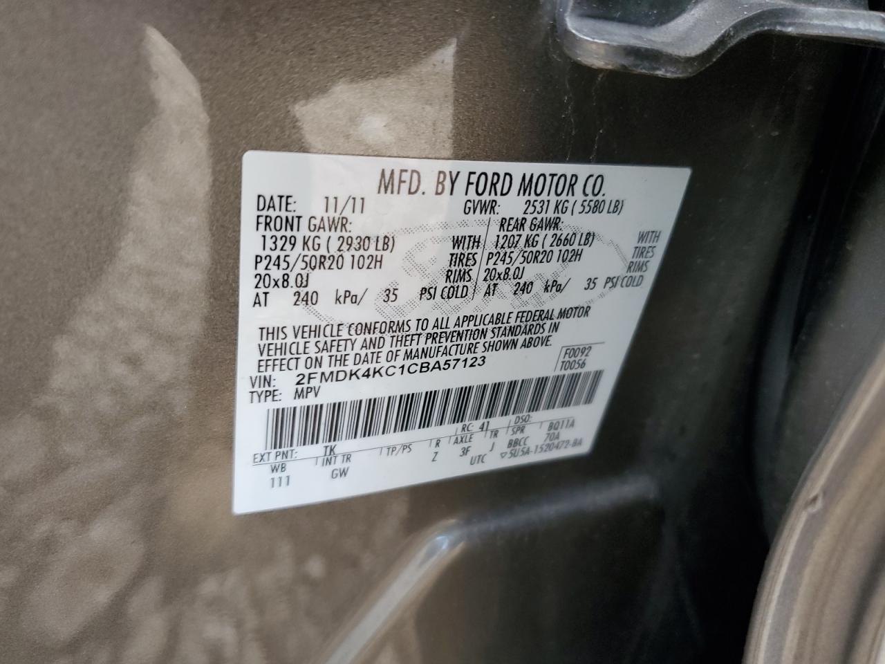 2012 Ford Edge Limited VIN: 2FMDK4KC1CBA57123 Lot: 90304745