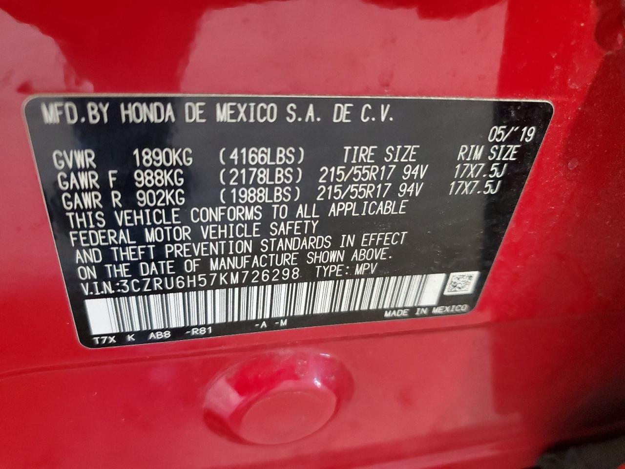 2019 Honda Hr-V Ex VIN: 3CZRU6H57KM726298 Lot: 85687325