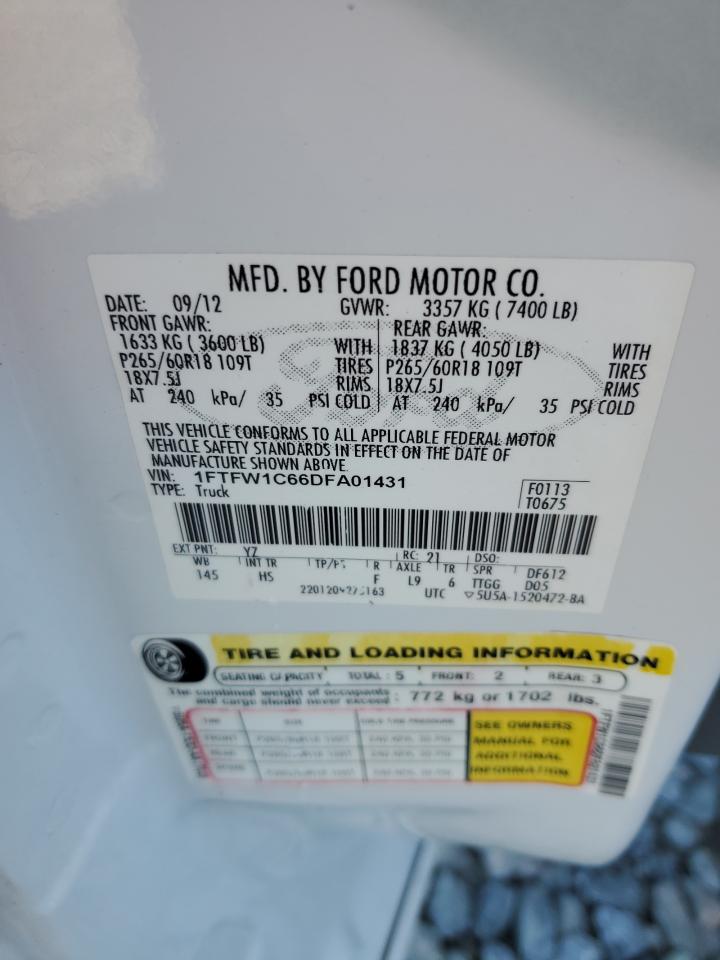 2013 Ford F150 Supercrew VIN: 1FTFW1C66DFA01431 Lot: 86650235