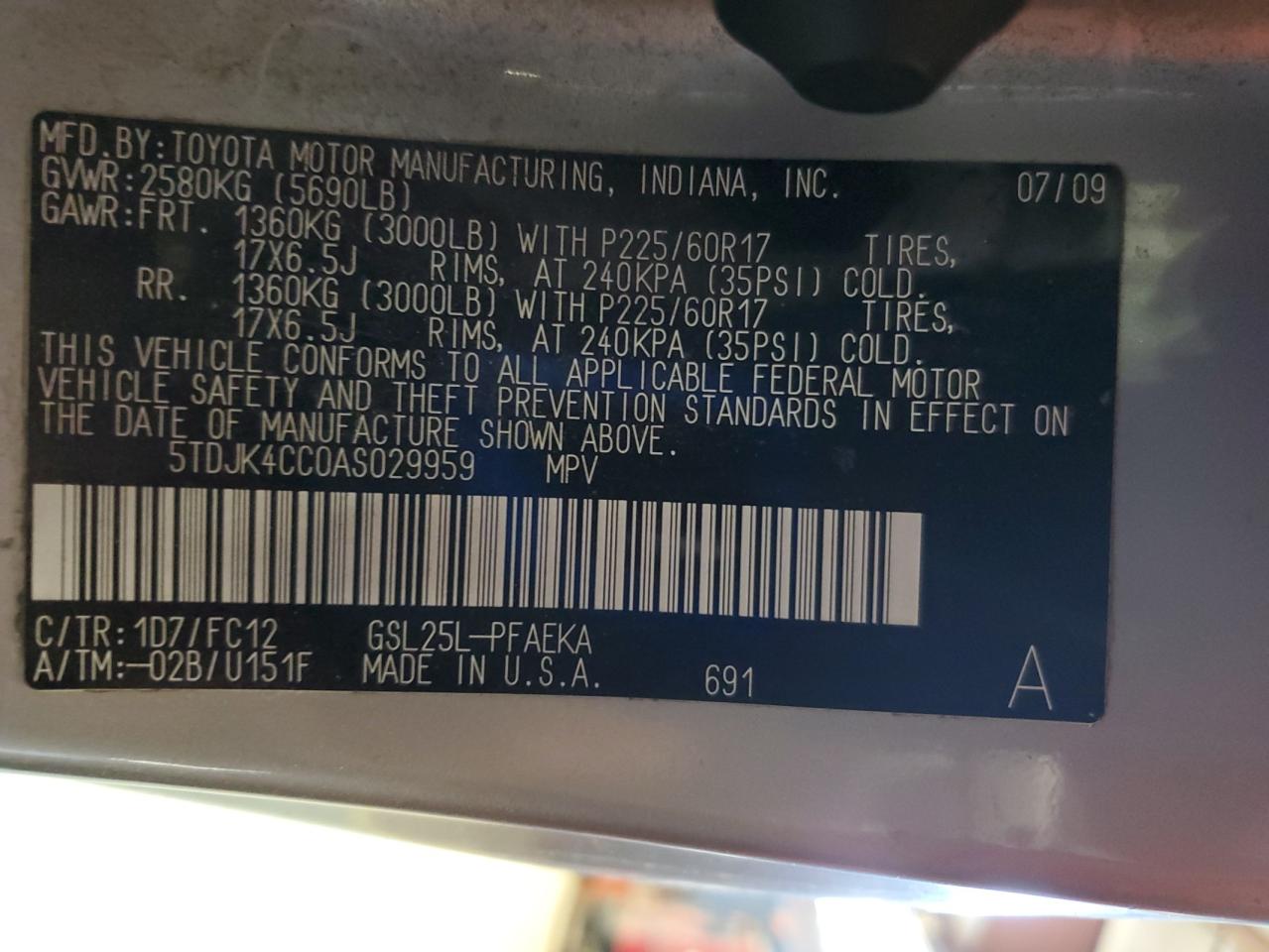 2010 Toyota Sienna Le VIN: 5TDJK4CC0AS029959 Lot: 84936935