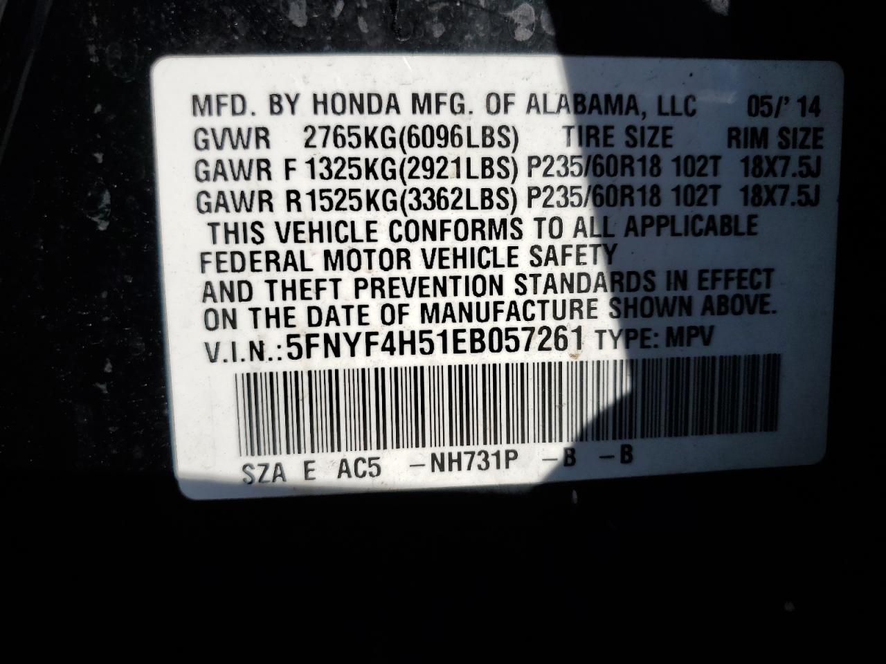 2014 Honda Pilot Exl VIN: 5FNYF4H51EB057261 Lot: 82290625