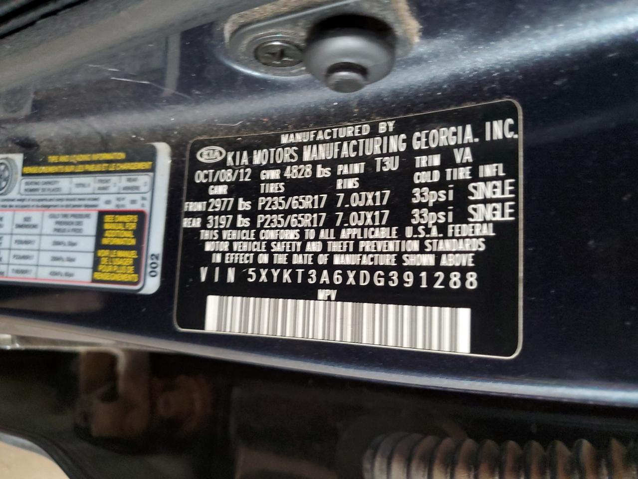 2013 Kia Sorento Lx VIN: 5XYKT3A6XDG391288 Lot: 82354725