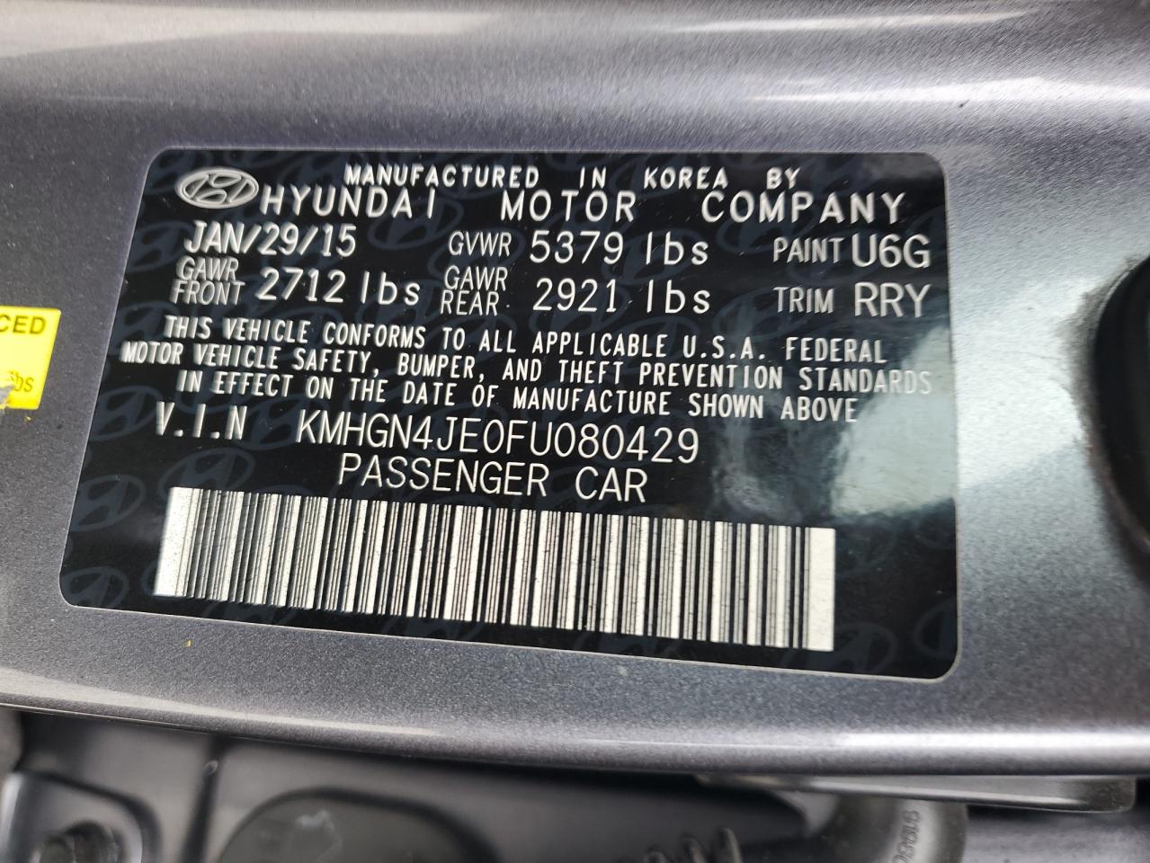 2015 Hyundai Genesis 3.8L VIN: KMHGN4JE0FU080429 Lot: 90657125