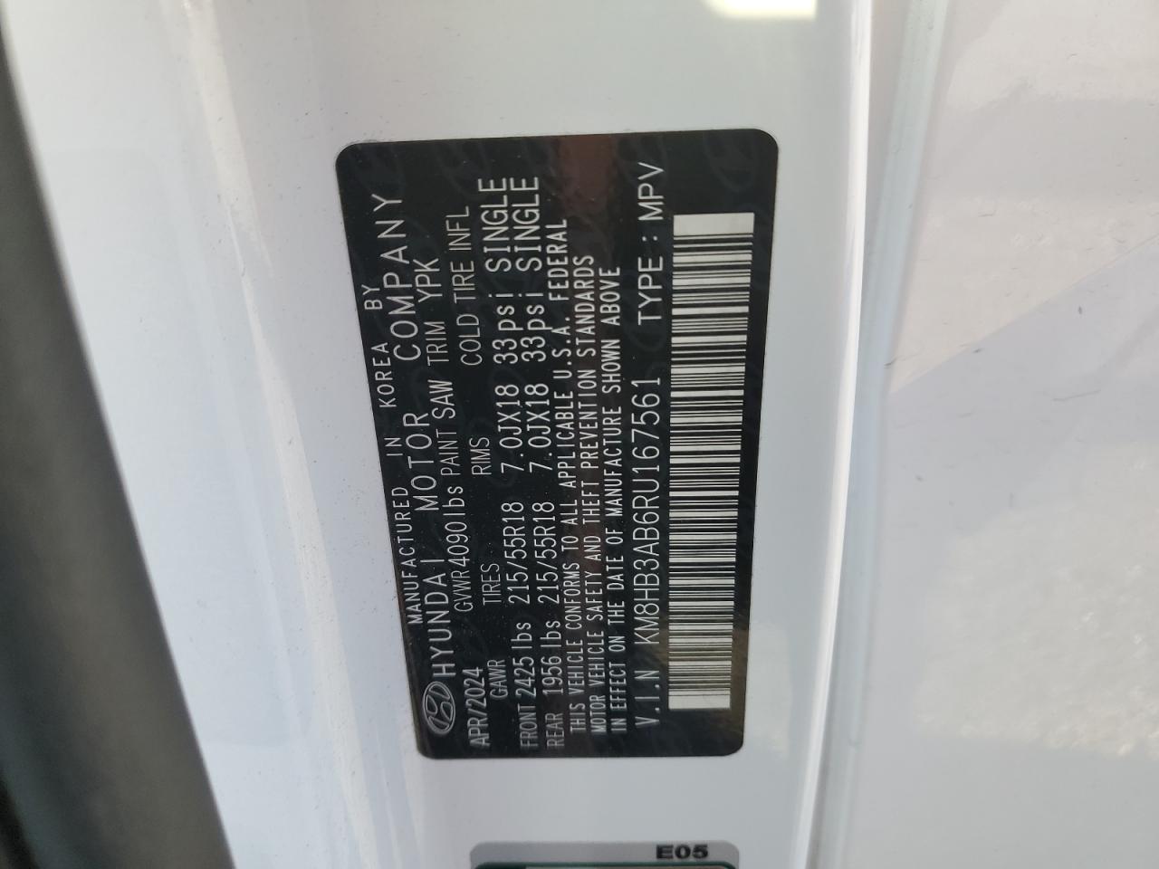2024 Hyundai Kona Sel VIN: KM8HB3AB6RU167561 Lot: 89536735