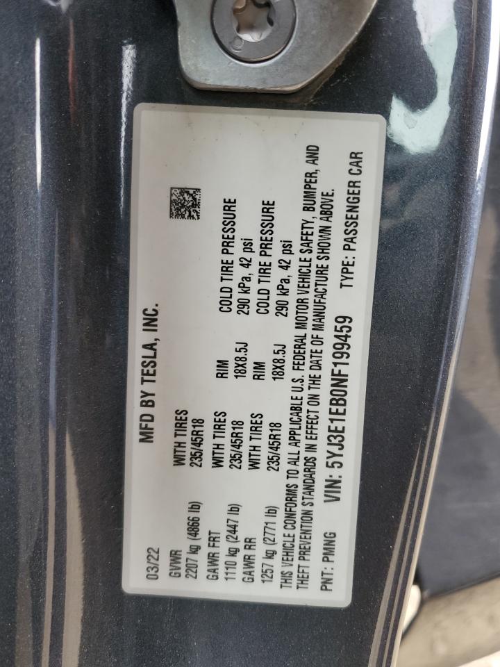 2022 Tesla Model 3 VIN: 5YJ3E1EB0NF199459 Lot: 82413395