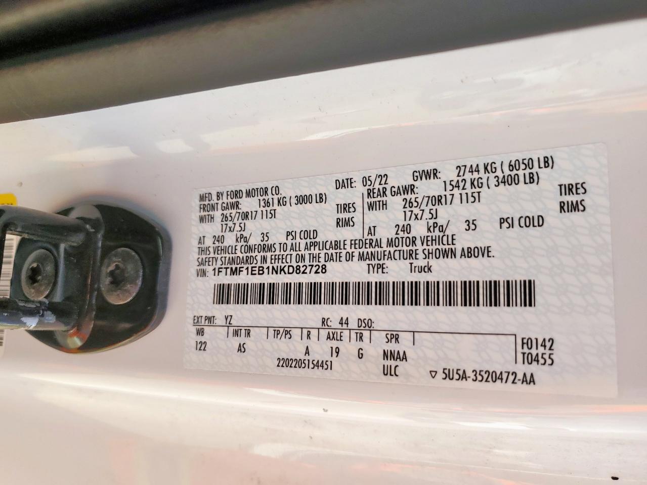 2022 Ford F150 VIN: 1FTMF1EB1NKD82728 Lot: 85115275