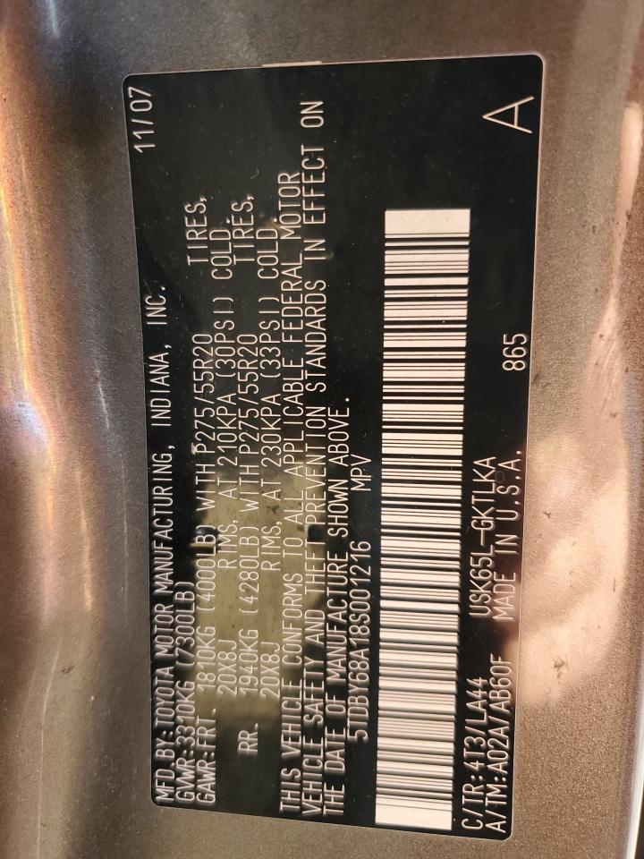 2008 Toyota Sequoia Limited VIN: 5TDBY68A18S001216 Lot: 82548635