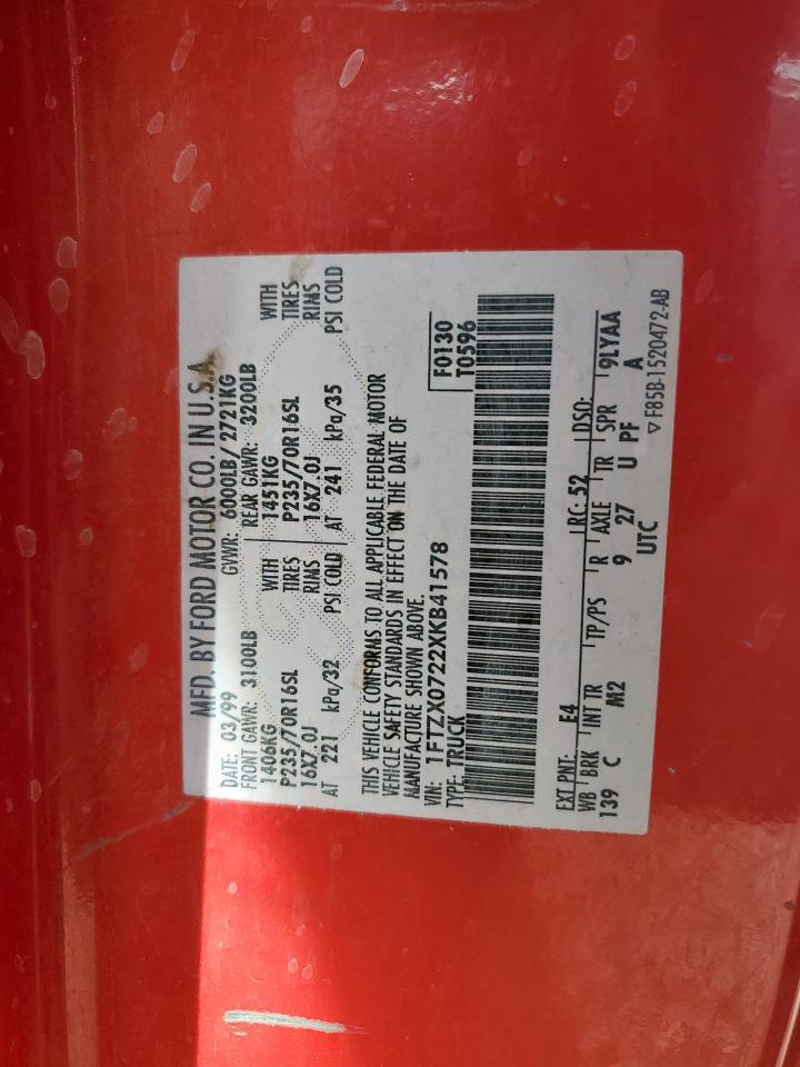 1999 Ford F150 VIN: 1FTZX0722XKB41578 Lot: 91091795