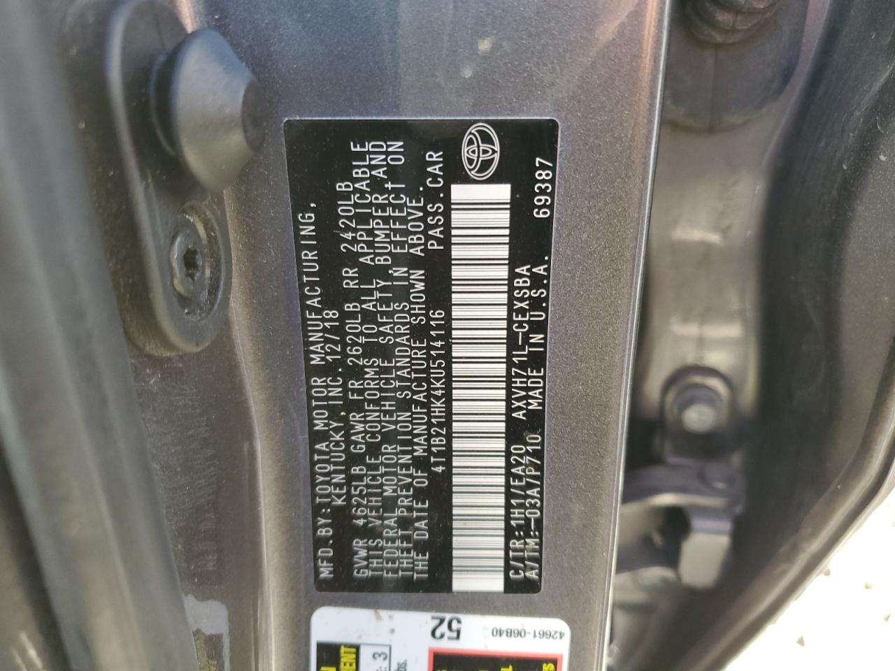 2019 Toyota Camry Hybrid VIN: 4T1B21HK4KU514116 Lot: 81096555