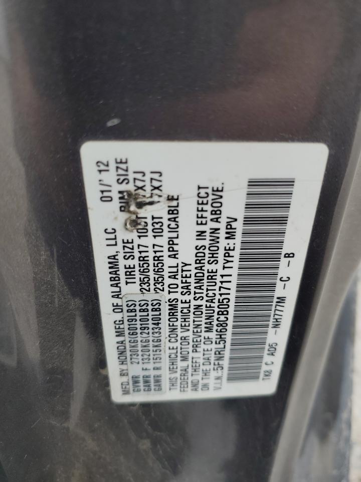 2012 Honda Odyssey Exl VIN: 5FNRL5H68CB051711 Lot: 85305555