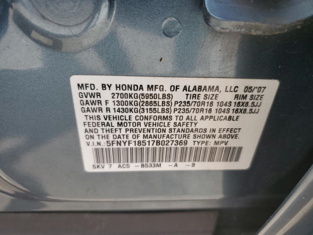 2007 Honda Pilot Exl VIN: 5FNYF18517B027369 Lot: 85535565