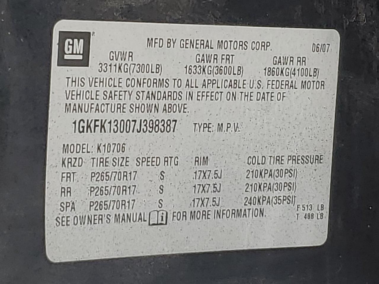 2007 GMC Yukon VIN: 1GKFK13007J398387 Lot: 82388225