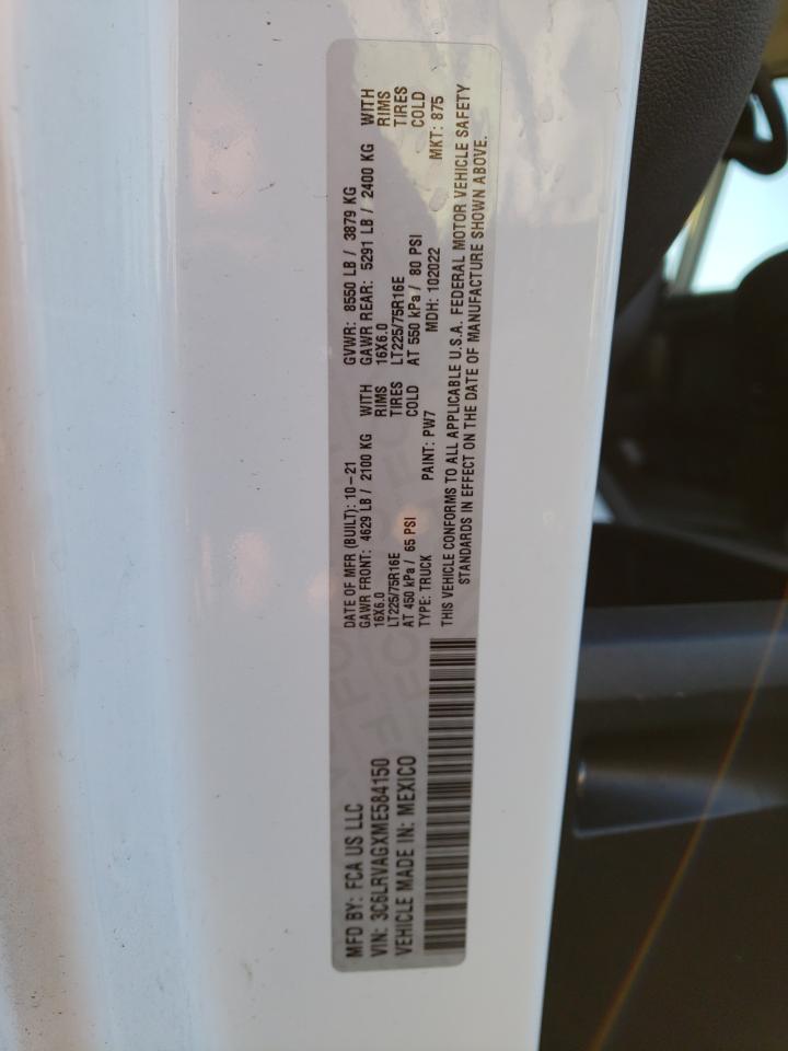 2021 Ram Promaster 1500 1500 Standard VIN: 3C6LRVAGXME584150 Lot: 89900675