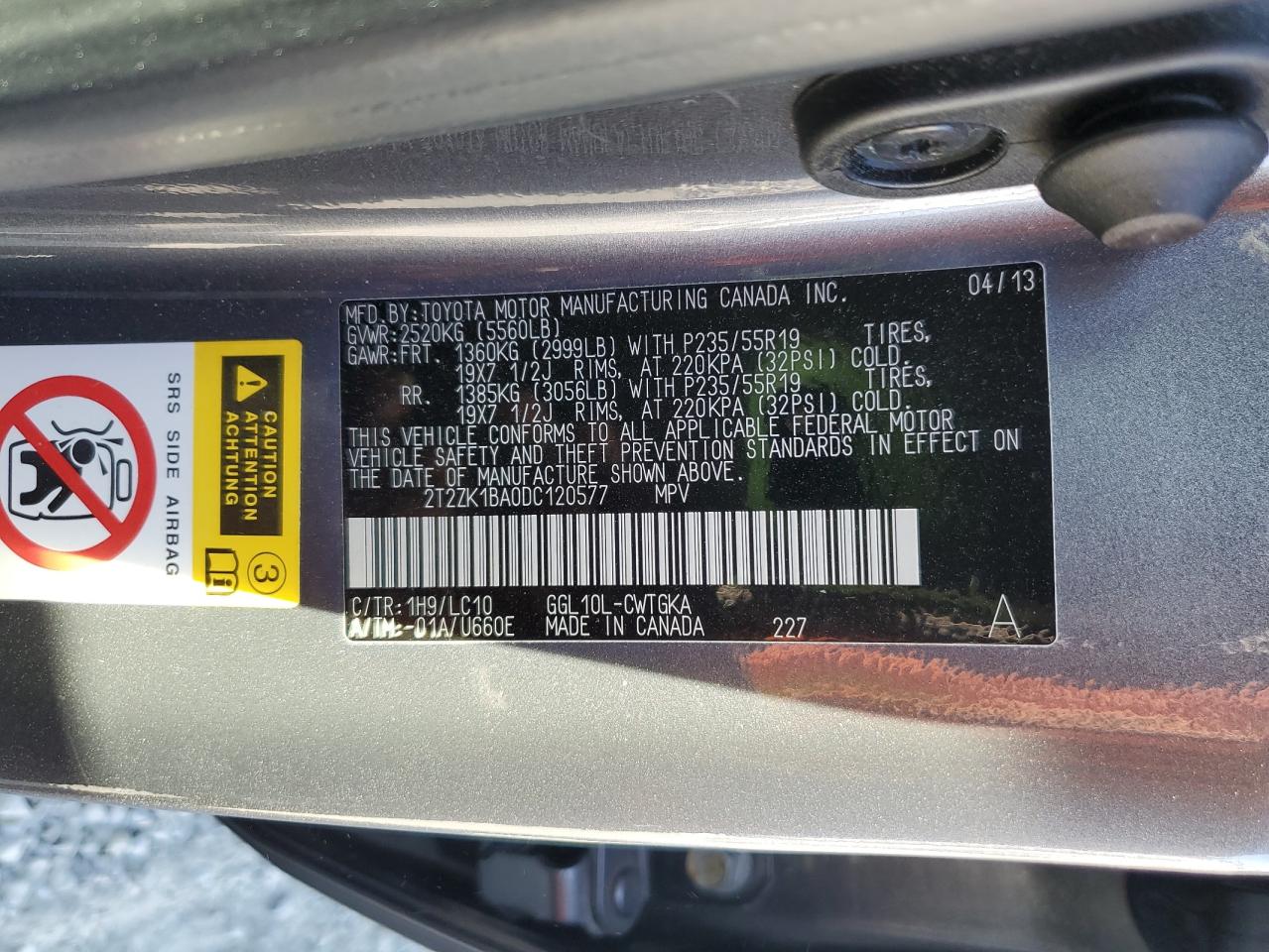 2013 Lexus Rx 350 VIN: 2T2ZK1BA0DC120577 Lot: 85704445