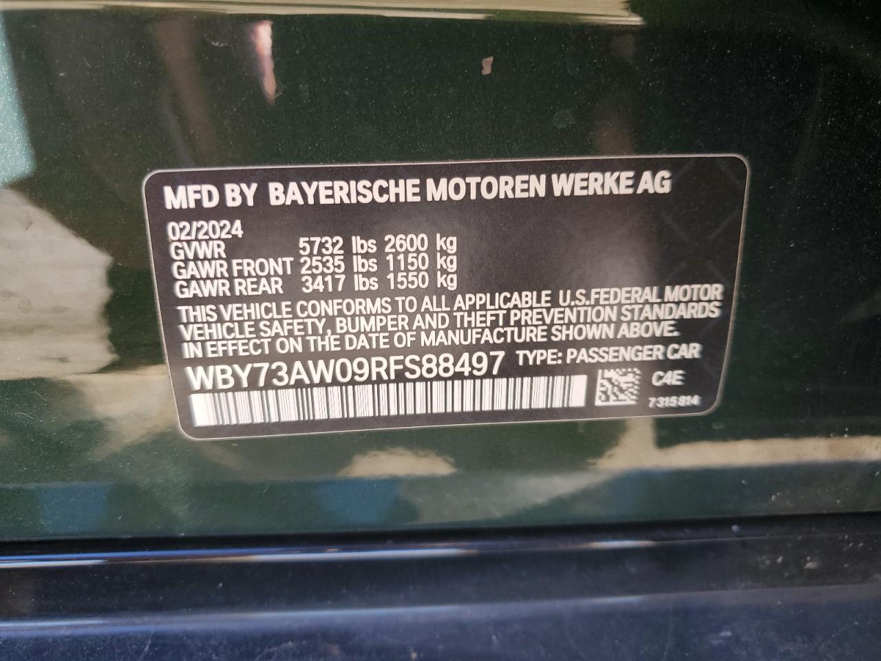 2024 BMW I4 Edrive 40 VIN: WBY73AW09RFS88497 Lot: 87098885
