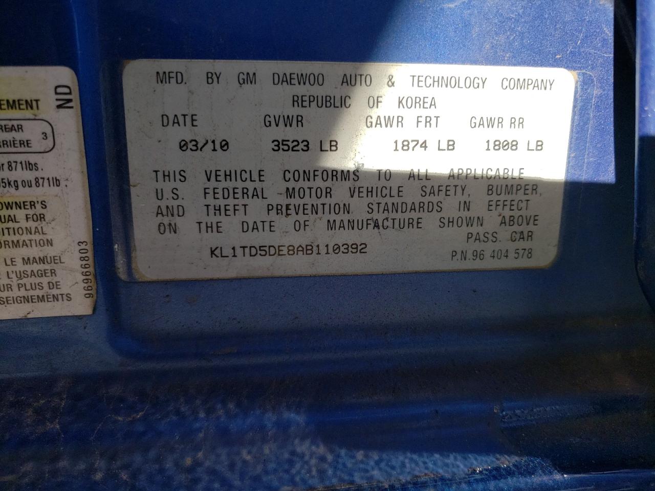 2010 Chevrolet Aveo Ls VIN: KL1TD5DE8AB110392 Lot: 82179175