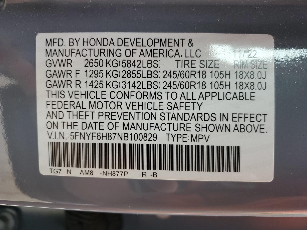 2022 Honda Pilot VIN: 5FNYF6H87NB100829 Lot: 81960455