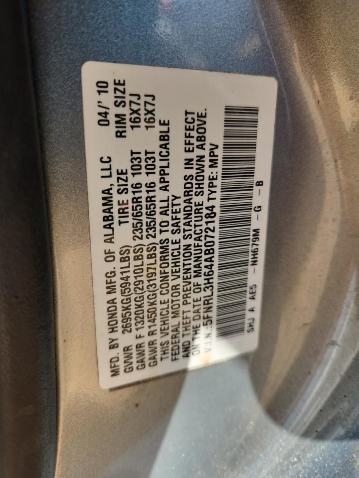 2010 Honda Odyssey Exl VIN: 5FNRL3H64AB072184 Lot: 85846155