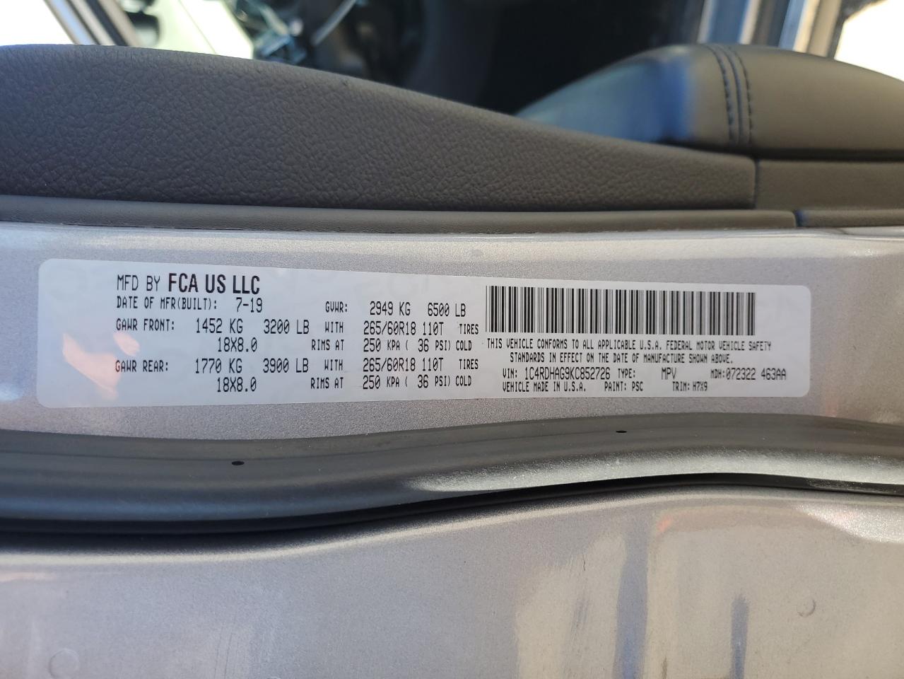 2019 Dodge Durango Sxt VIN: 1C4RDHAG9KC852726 Lot: 82528215