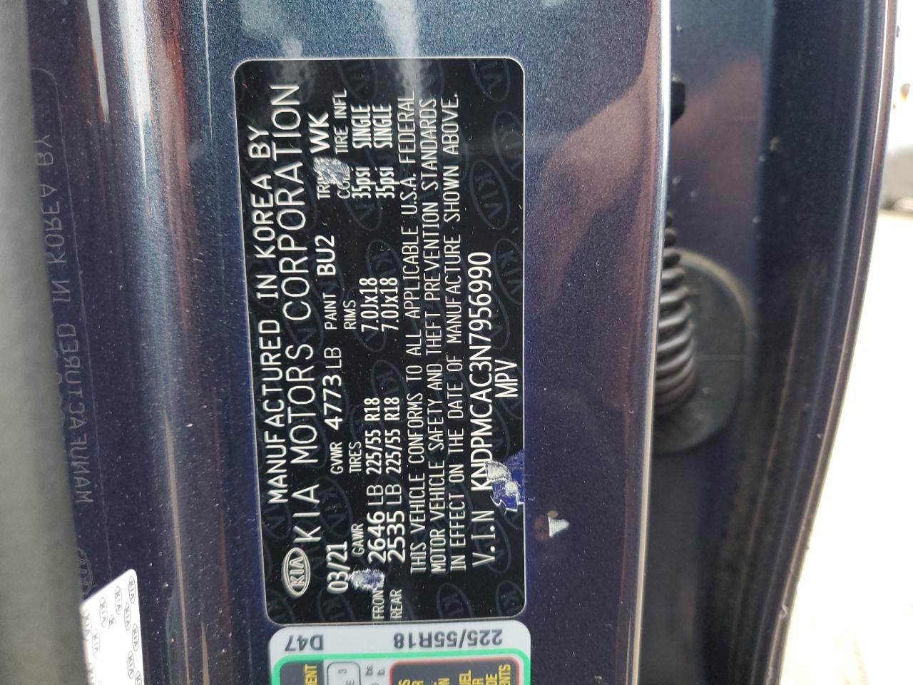 2022 Kia Sportage Lx VIN: KNDPMCAC3N7956990 Lot: 85547375