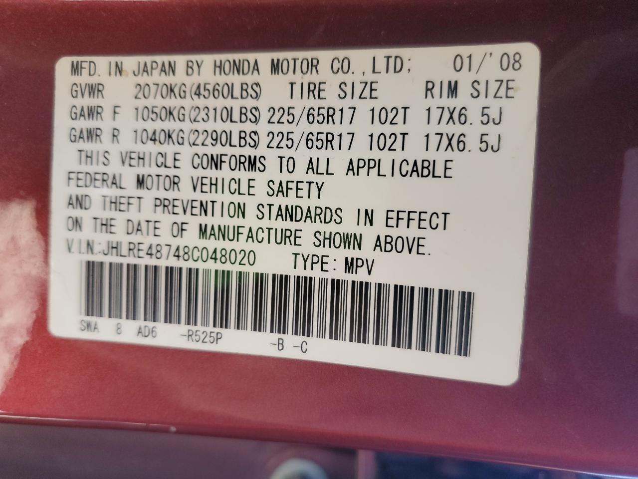 2008 Honda Cr-V Lx VIN: JHLRE48748C048020 Lot: 85257905