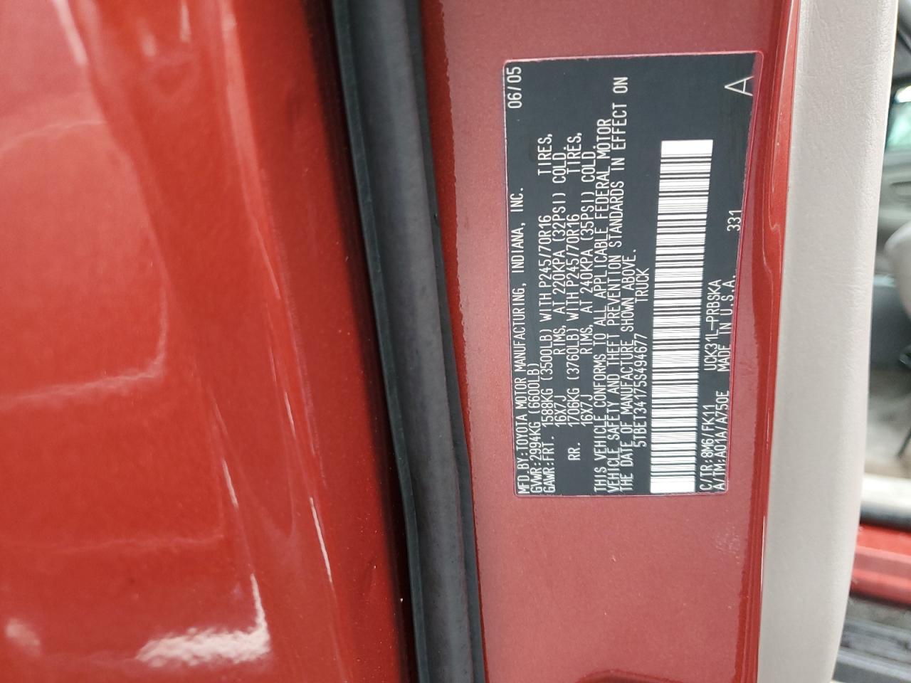 2005 Toyota Tundra Double Cab Sr5 VIN: 5TBET34175S494677 Lot: 90304235