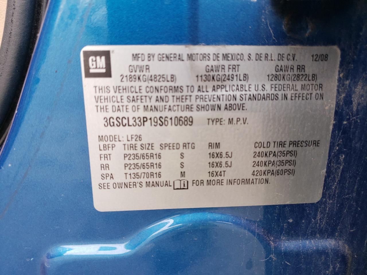 2009 Saturn Vue Xe VIN: 3GSCL33P19S610689 Lot: 85255045