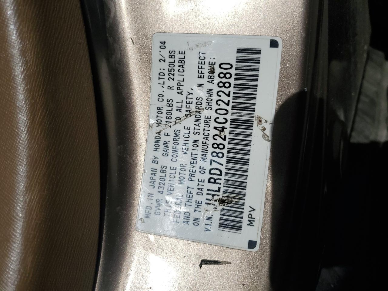 2004 Honda Cr-V Ex VIN: JHLRD78824C022880 Lot: 85090055