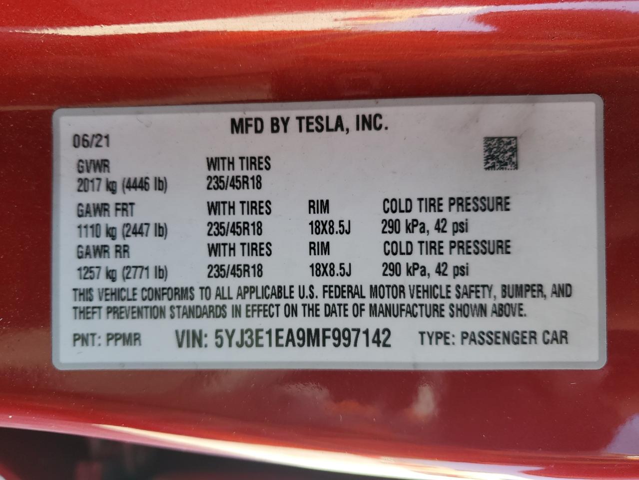 2021 Tesla Model 3 VIN: 5YJ3E1EA9MF997142 Lot: 87124305