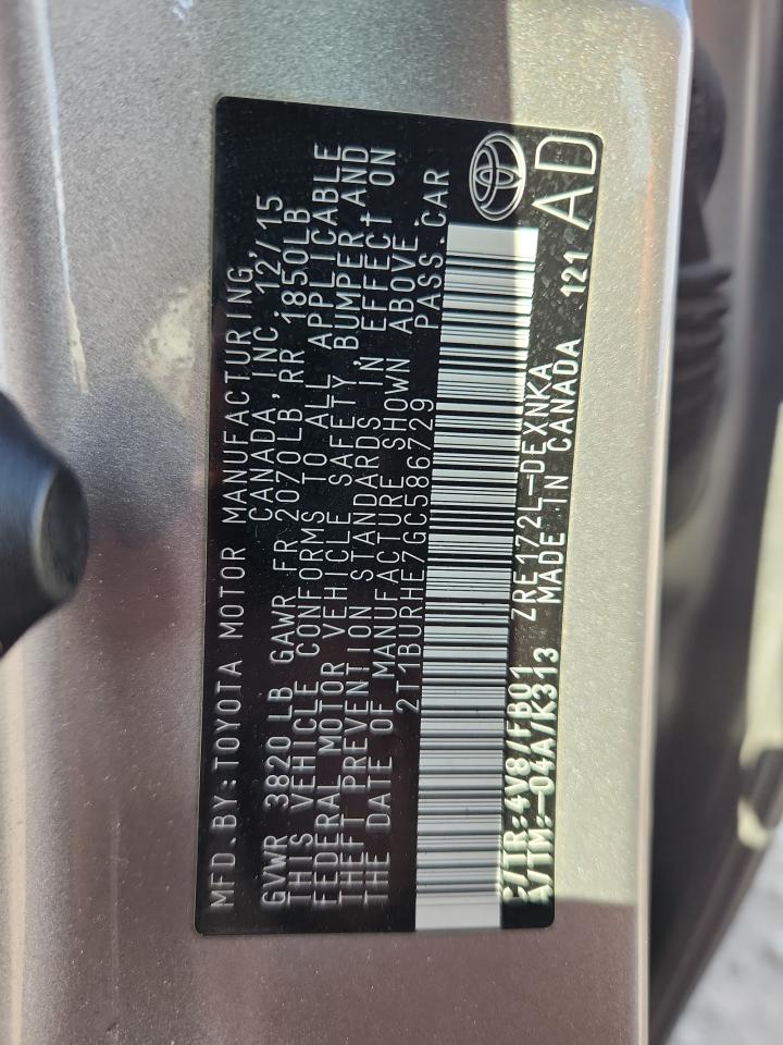 2016 Toyota Corolla L VIN: 2T1BURHE7GC586729 Lot: 82538495