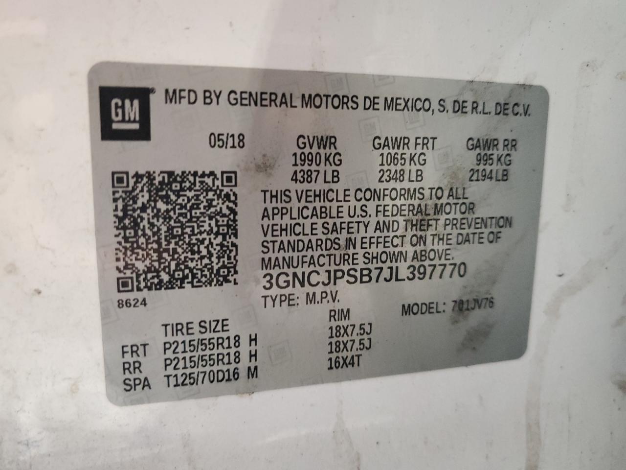 2018 Chevrolet Trax 1Lt VIN: 3GNCJPSB7JL397770 Lot: 86058795