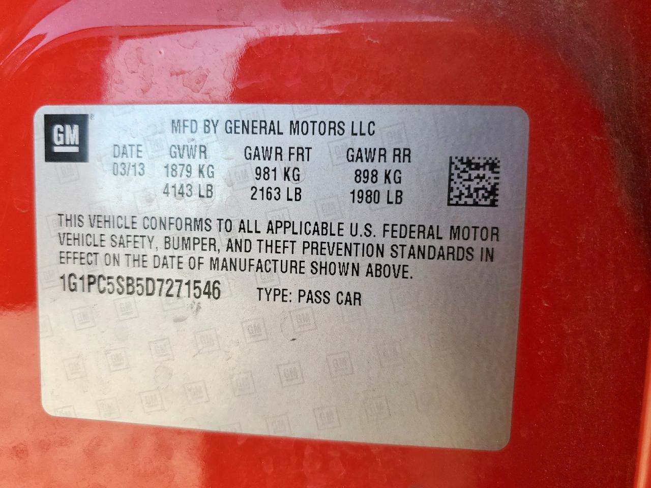 2013 Chevrolet Cruze Lt VIN: 1G1PC5SB5D7271546 Lot: 82180605