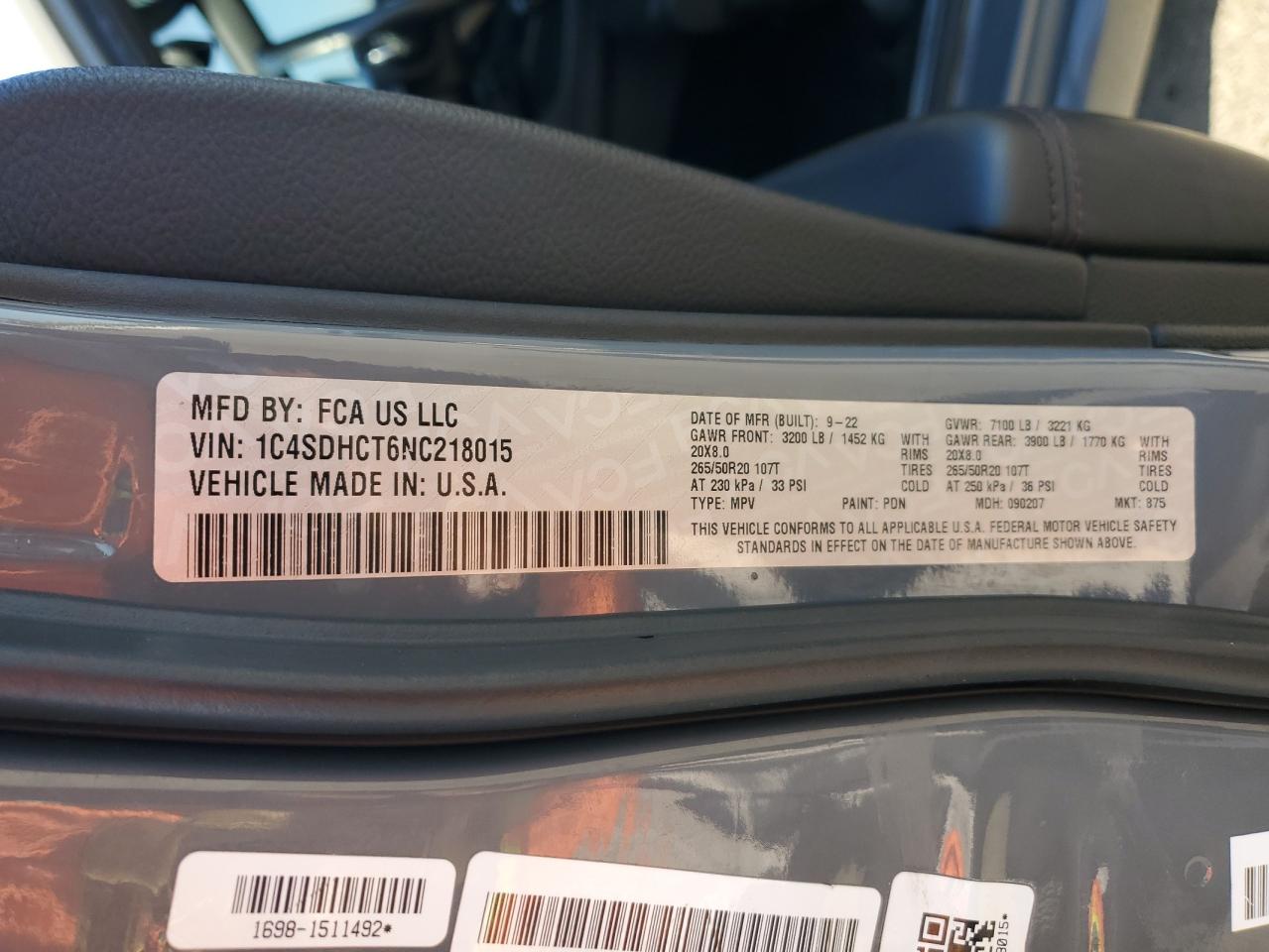 2022 Dodge Durango R/T VIN: 1C4SDHCT6NC218015 Lot: 86249455