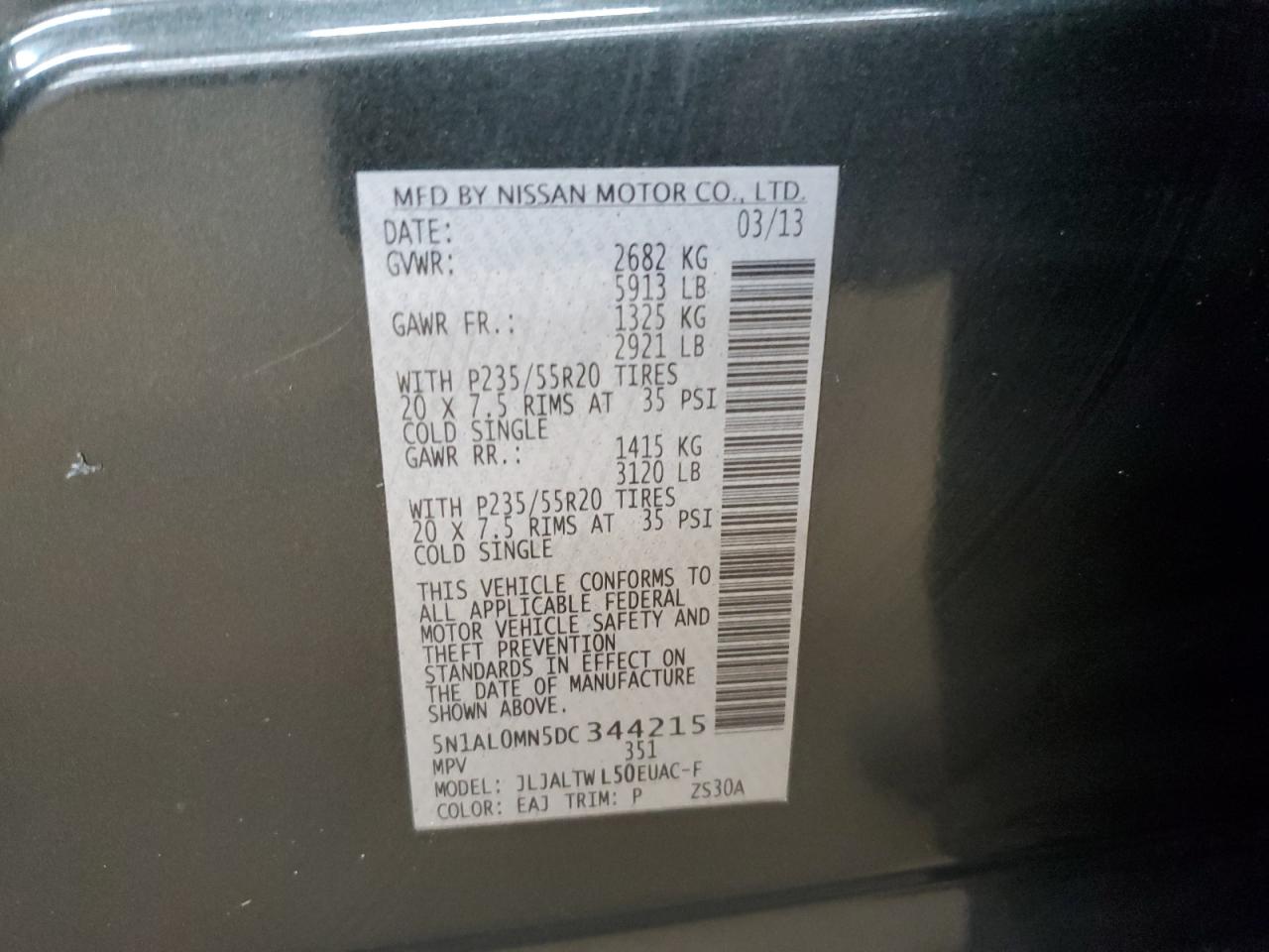 2013 Infiniti Jx35 VIN: 5N1AL0MN5DC344215 Lot: 82524375