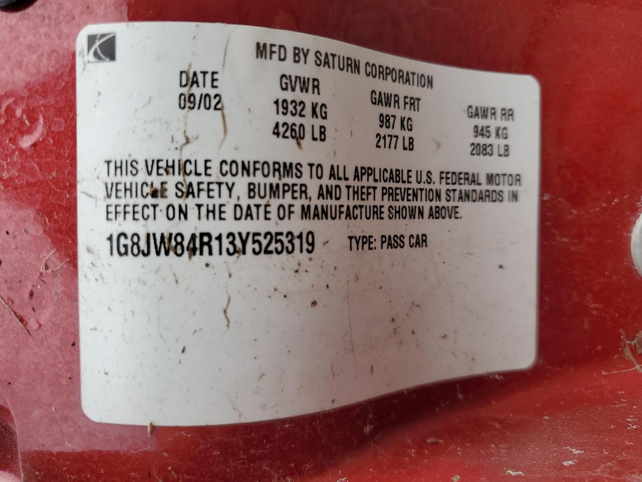 2003 Saturn Lw300 VIN: 1G8JW84R13Y525319 Lot: 90542965