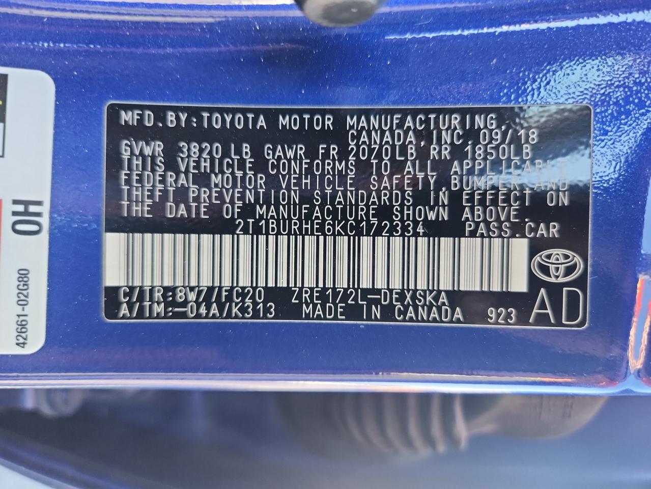 2019 Toyota Corolla L VIN: 2T1BURHE6KC172334 Lot: 84393765