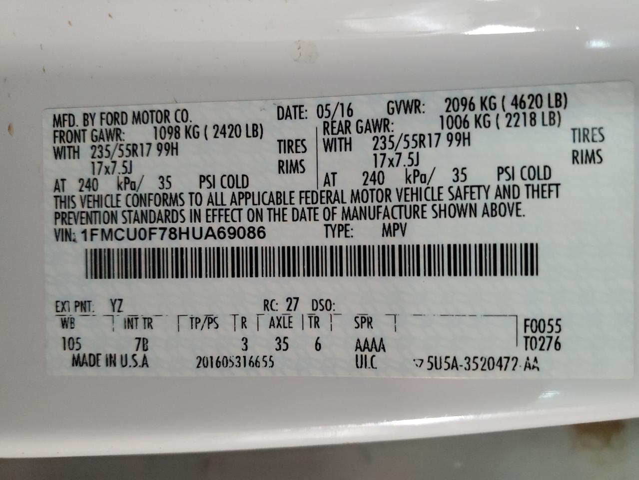 2017 Ford Escape S VIN: 1FMCU0F78HUA69086 Lot: 85012075