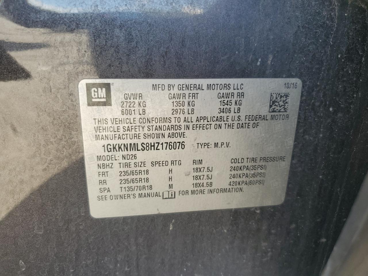 2017 GMC Acadia Slt-1 VIN: 1GKKNMLS8HZ176076 Lot: 81915175