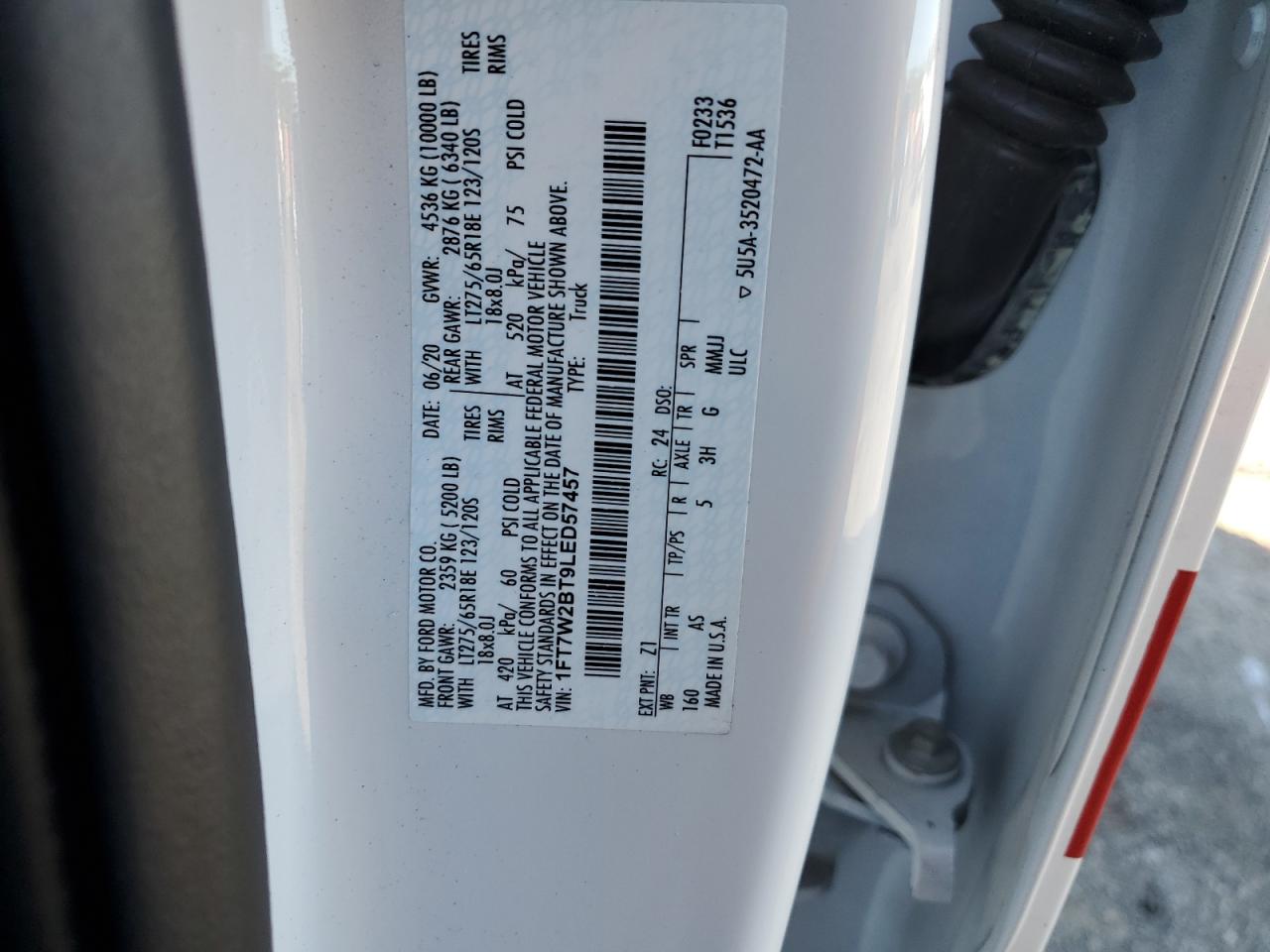 2020 Ford F250 Super Duty VIN: 1FT7W2BT9LED57457 Lot: 89543495