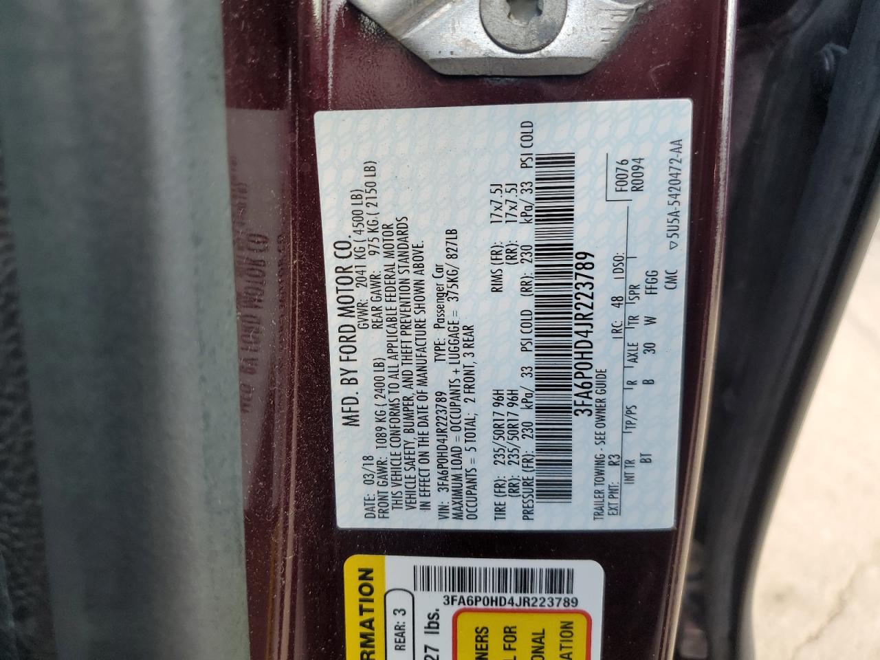 2018 Ford Fusion Se VIN: 3FA6P0HD4JR223789 Lot: 90791925