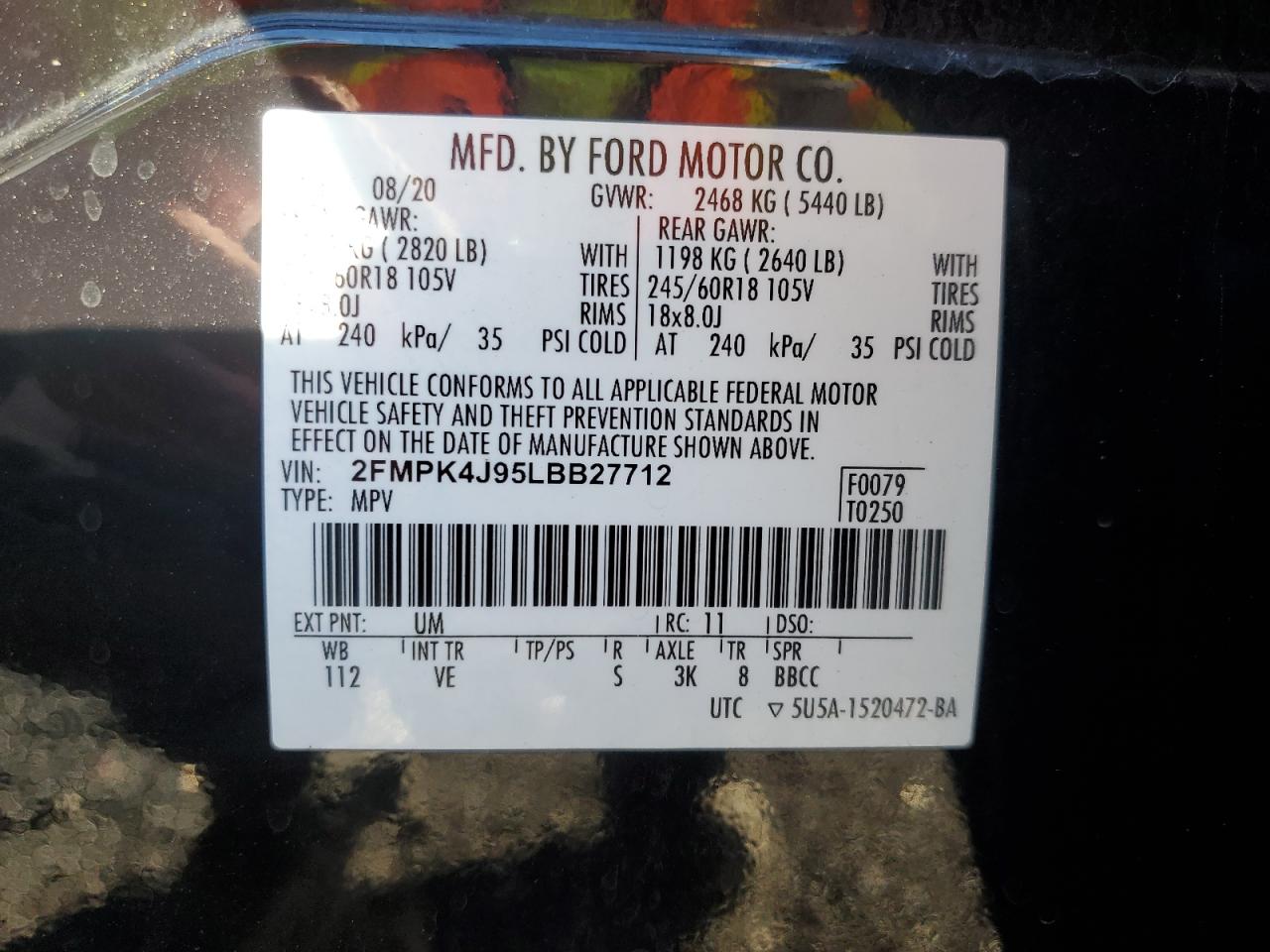 2020 Ford Edge Sel VIN: 2FMPK4J95LBB27712 Lot: 87211175