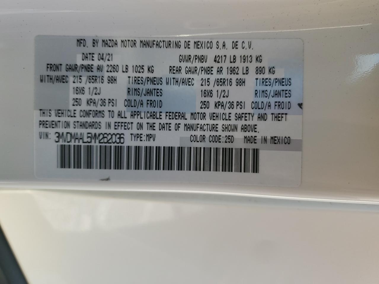 2021 Mazda Cx-30 VIN: 3MVDMAAL5MM262036 Lot: 90014695