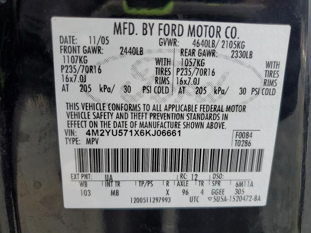 2006 Mercury Mariner VIN: 4M2YU571X6KJ06661 Lot: 90709885