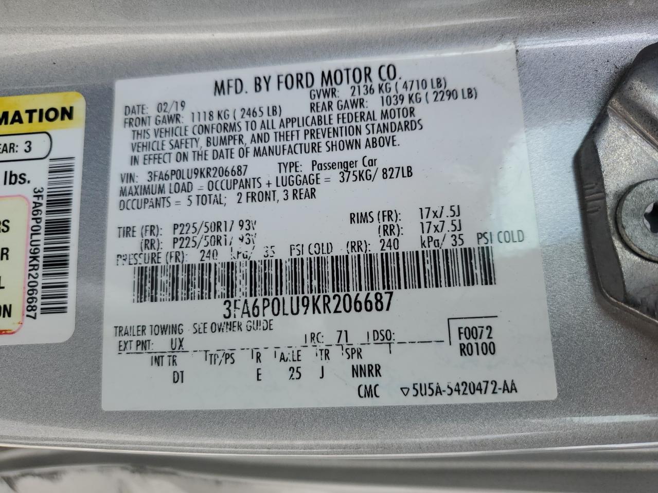 2019 Ford Fusion Se VIN: 3FA6P0LU9KR206687 Lot: 86254105