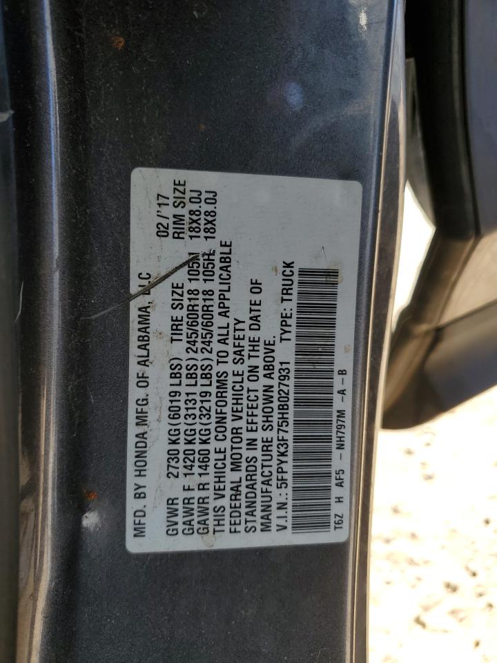 2017 Honda Ridgeline Rtl VIN: 5FPYK3F75HB027931 Lot: 89686085