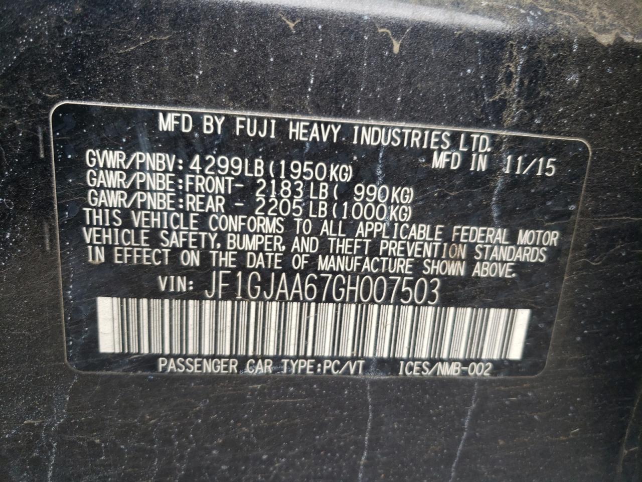 2016 Subaru Impreza VIN: JF1GJAA67GH007503 Lot: 85125255